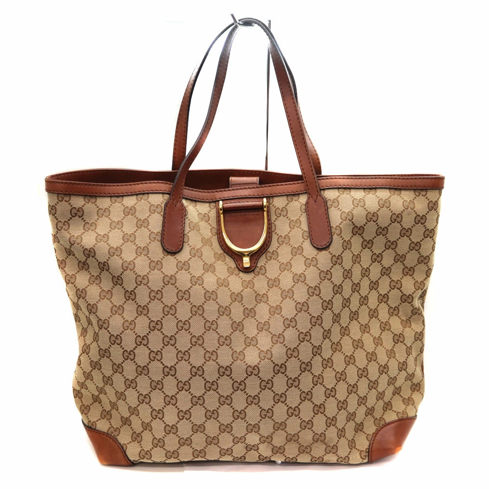 GUCCI Tote Bag Canvas Leather Brown Beige